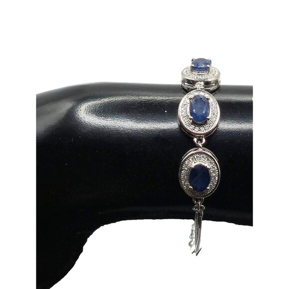 Sterling Silver 925 Blue & White Sapphire Tennis Bracelet Adjustable - Picture 5 of 8